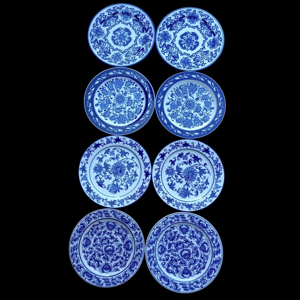 Bombay Co Asian Garden Blue White Porcelain Dinner Plates Set of 8 Chinoiserie